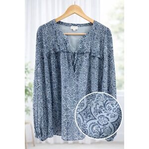 Wonderly Bohemian Popover Top Size 2X Blue White Floral Long sleeve Flowy